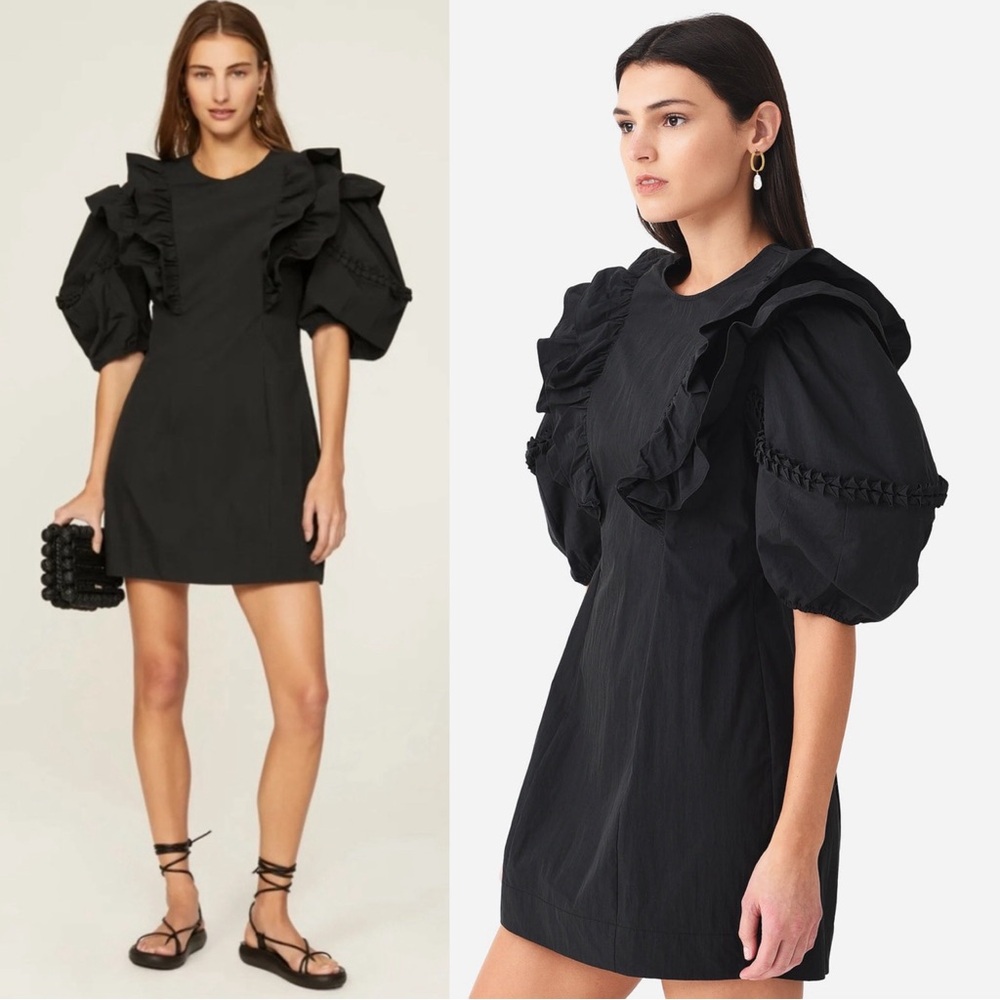 Rhode Varja Linen Puff Sleeve Organza Lace Trim Mini Dress Size 4 NWT Black